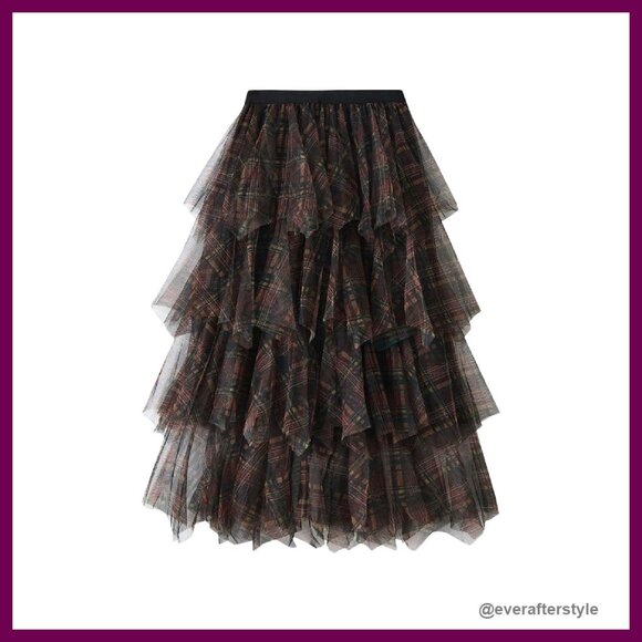 Tulle Mesh Plaid Skirt High Waist A Line Tiered Ruffle Goth Punk Long